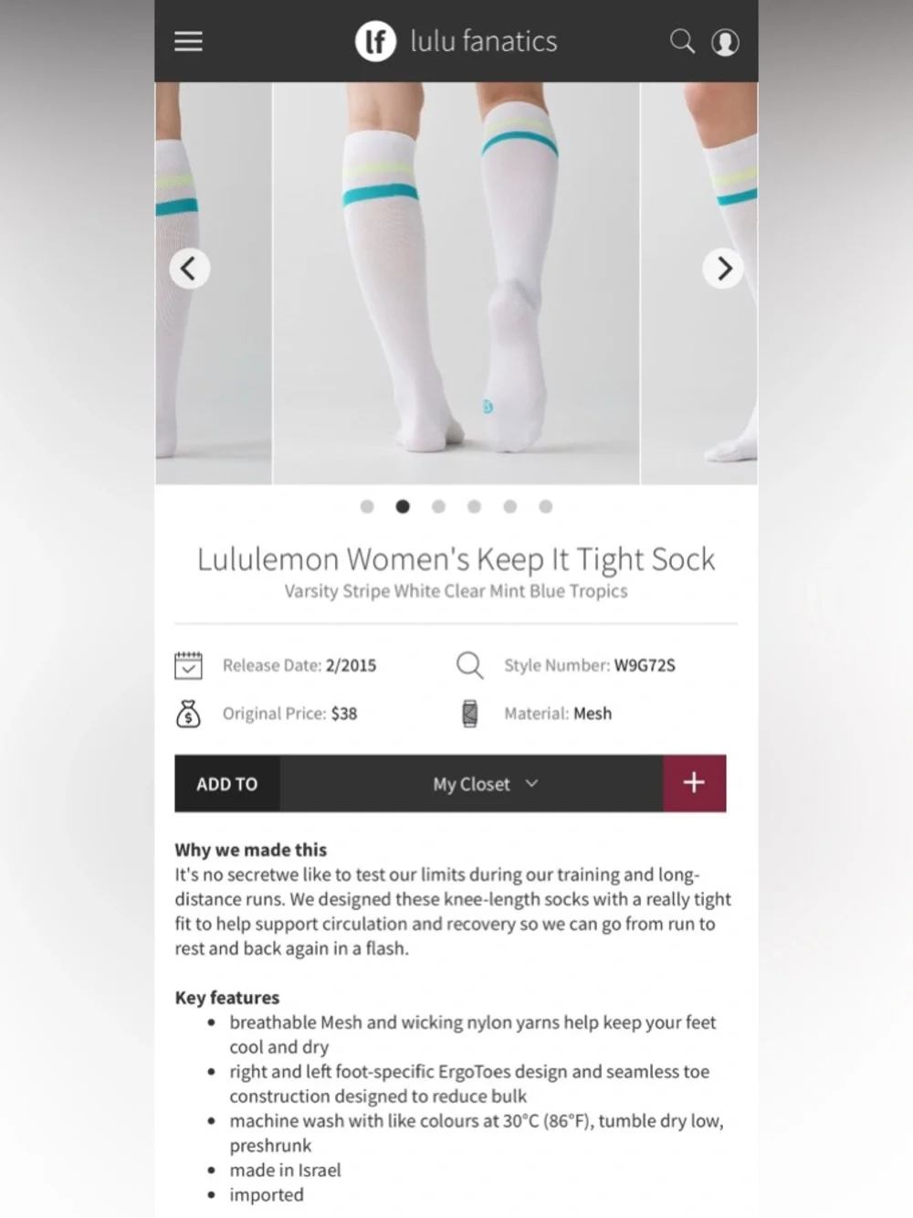 Lululemon Women's Keep It Tight Sock Size Medium (Compression Socks)